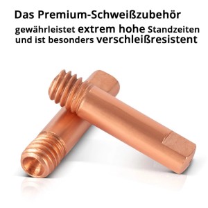 Zwei kupferfarbene STAHLWERK Stromdüsen M6x25 für MIG MAG Schweißgeräte. Verschleißfestes Schweißzubehör.