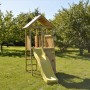 Wendi Toys Spielturm Falke mit gelber Rutsche, Kletterwand und Leiter im Garten.