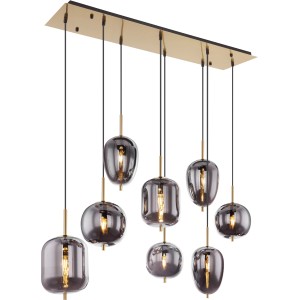 Globo Pendelleuchte Blacky I, 8-flammig, messingfarben mit rauchfarbenen Glasschirmen.