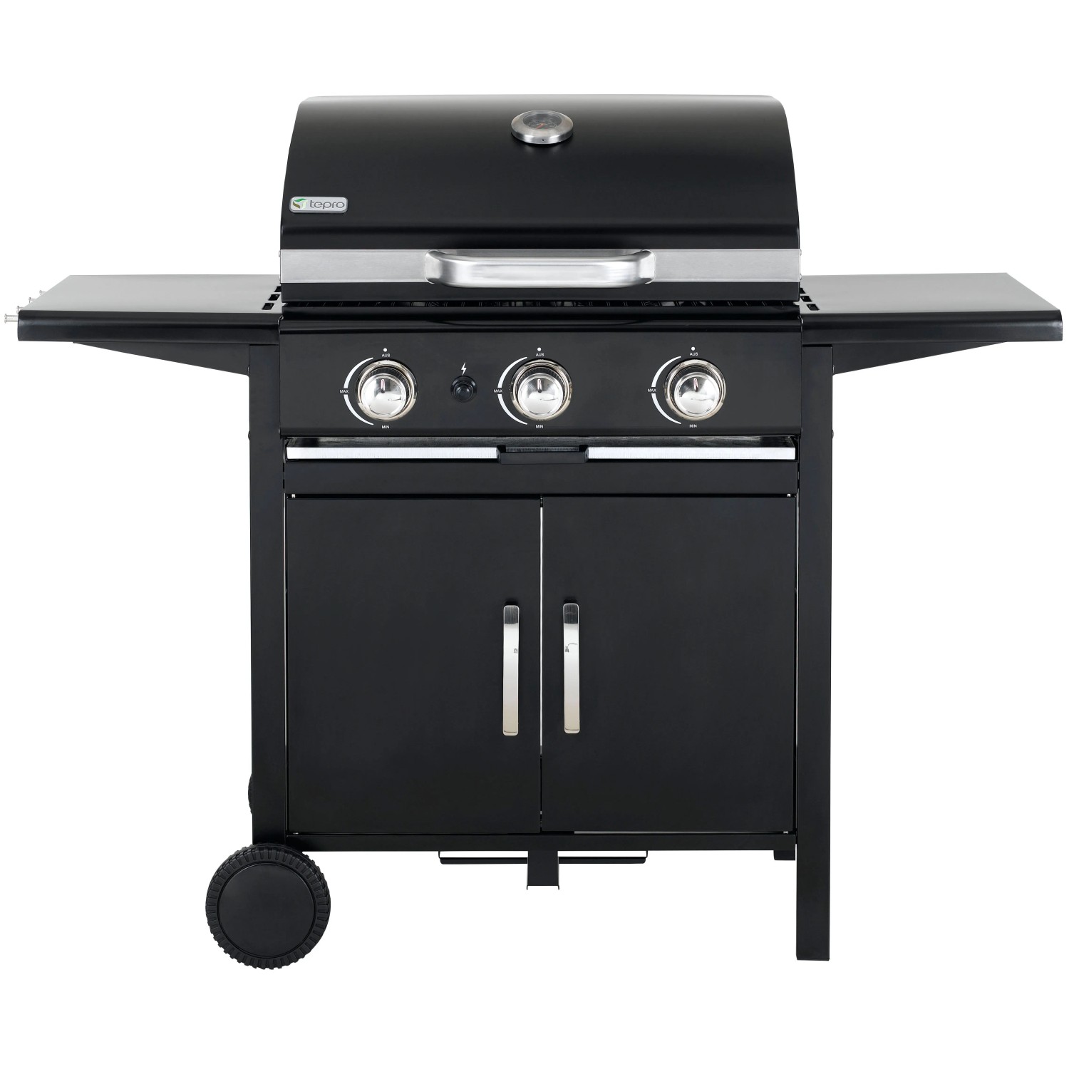 Schwarzer tepro Gasgrill Mayfield mit 3 Brennern, Seitentischen und Unterschrank.