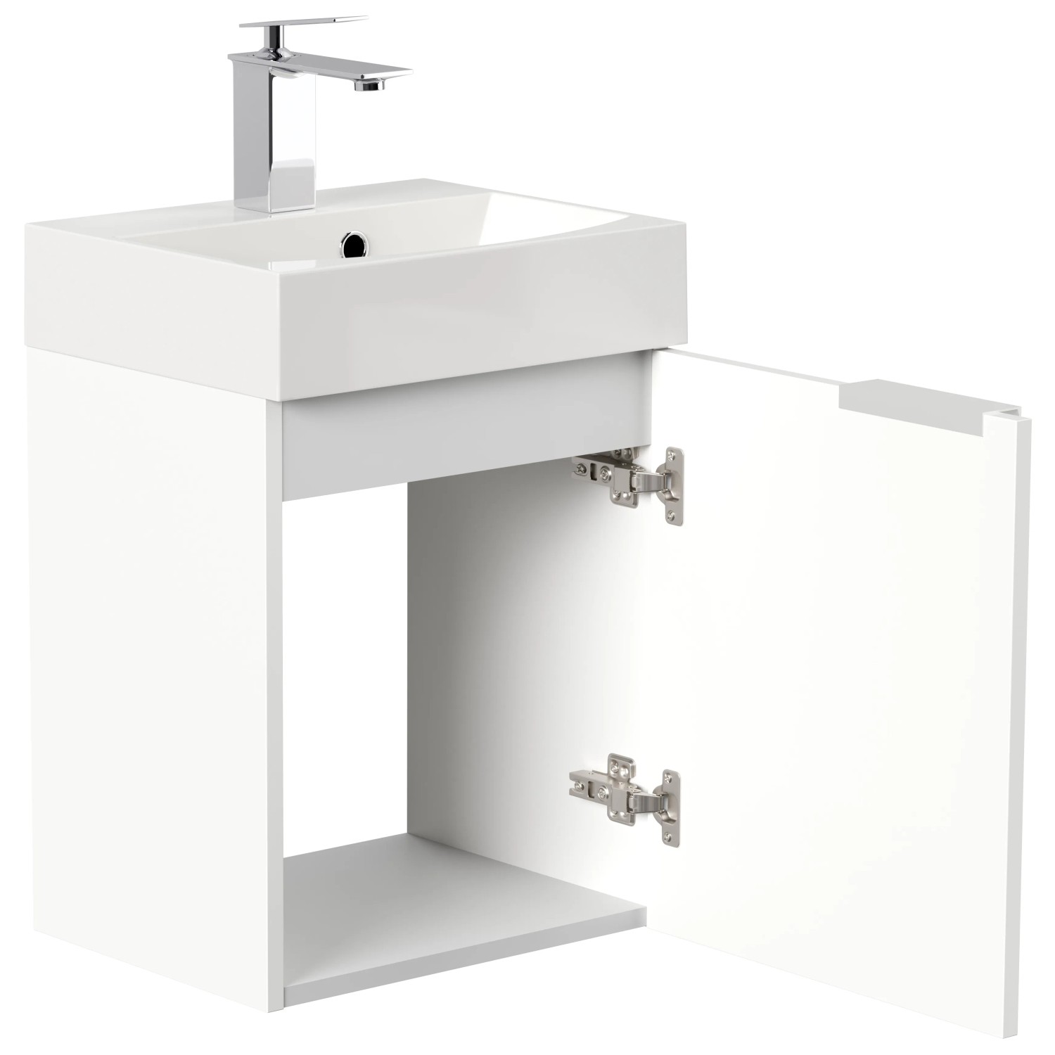 Posseik Badmöbel Cubi Slimline, 40 cm, Weiß Hochglanz mit offenem Schrank und Waschbecken.