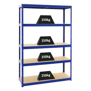Blaues PROREGAL Schwerlastregal Big Elephant mit 5 Böden, je 250 kg belastbar.