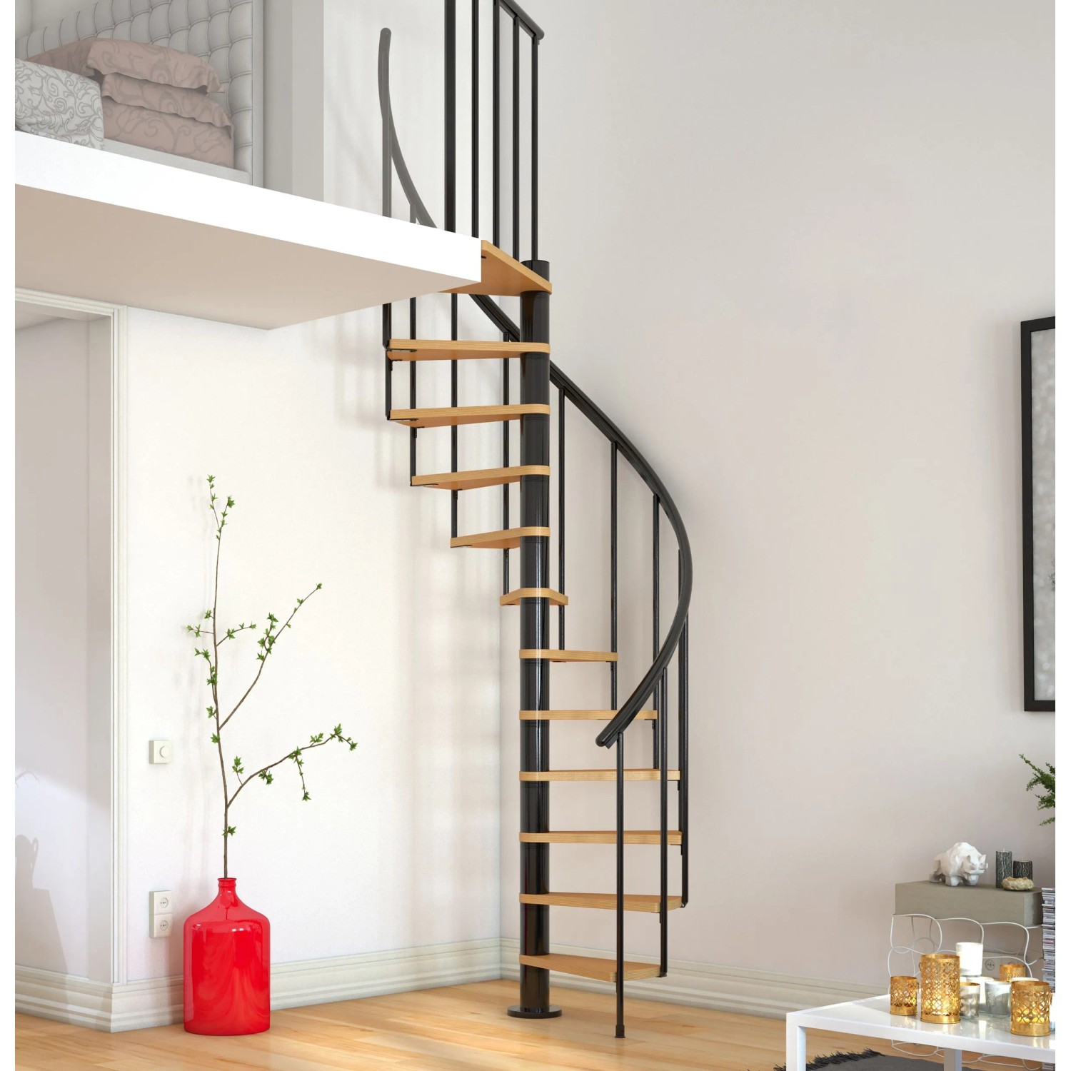 Dolle Spindeltreppe Calgary, Ø 140 cm, anthrazitfarbene Metallkonstruktion mit 11 Holzstufen.