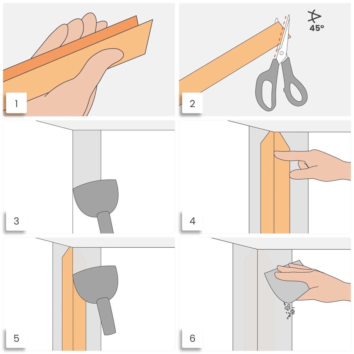 Anleitung: Strait-Flex Tuff Tape Pro Fugenband falten, schneiden, an Trockenbau-Ecken anbringen, glätten, schleifen.