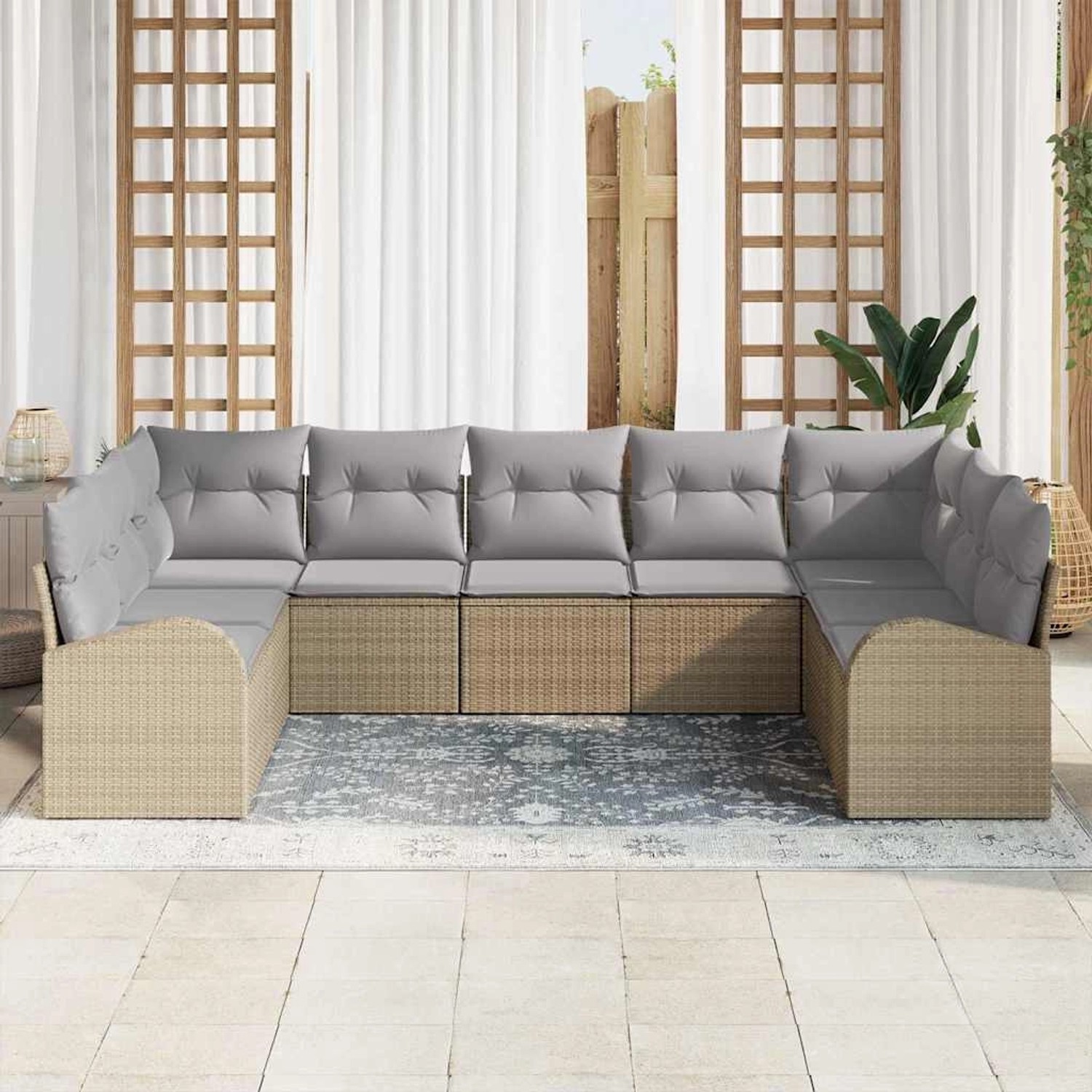 Beiges 9-teiliges vidaXL Garten-Sofa-Set aus Polyrattan mit grauen Kissen für Garten oder Terrasse.