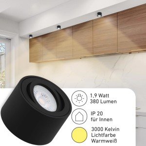 Oktaplex 3er Set Alu Aufbaustrahler Lile S, schwenkbar, schwarz, warmweißes LED-Licht.