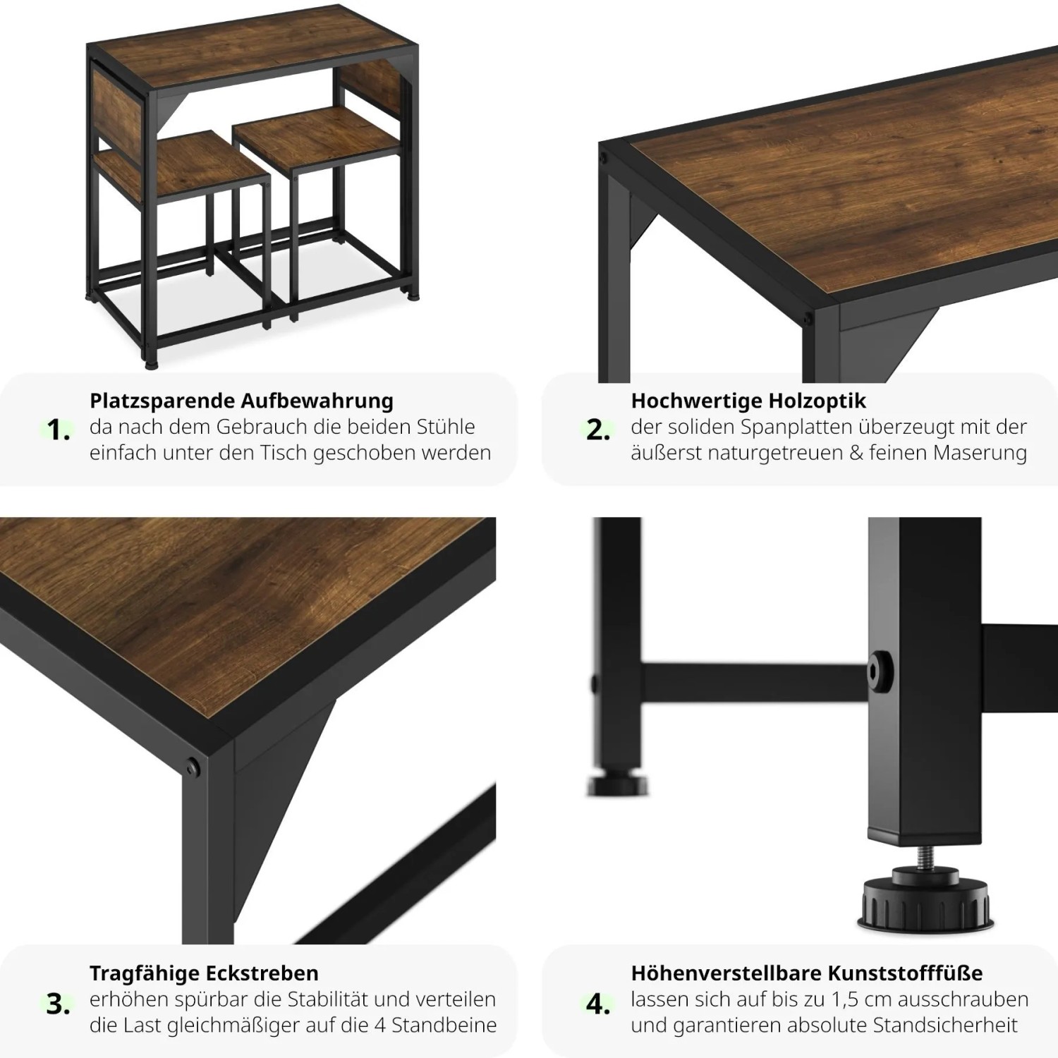 Tectake Sitzgruppe Milton, 3-teilig, Industrial-Design, Esstisch mit 2 Stühlen, Holz dunkel rustikal.