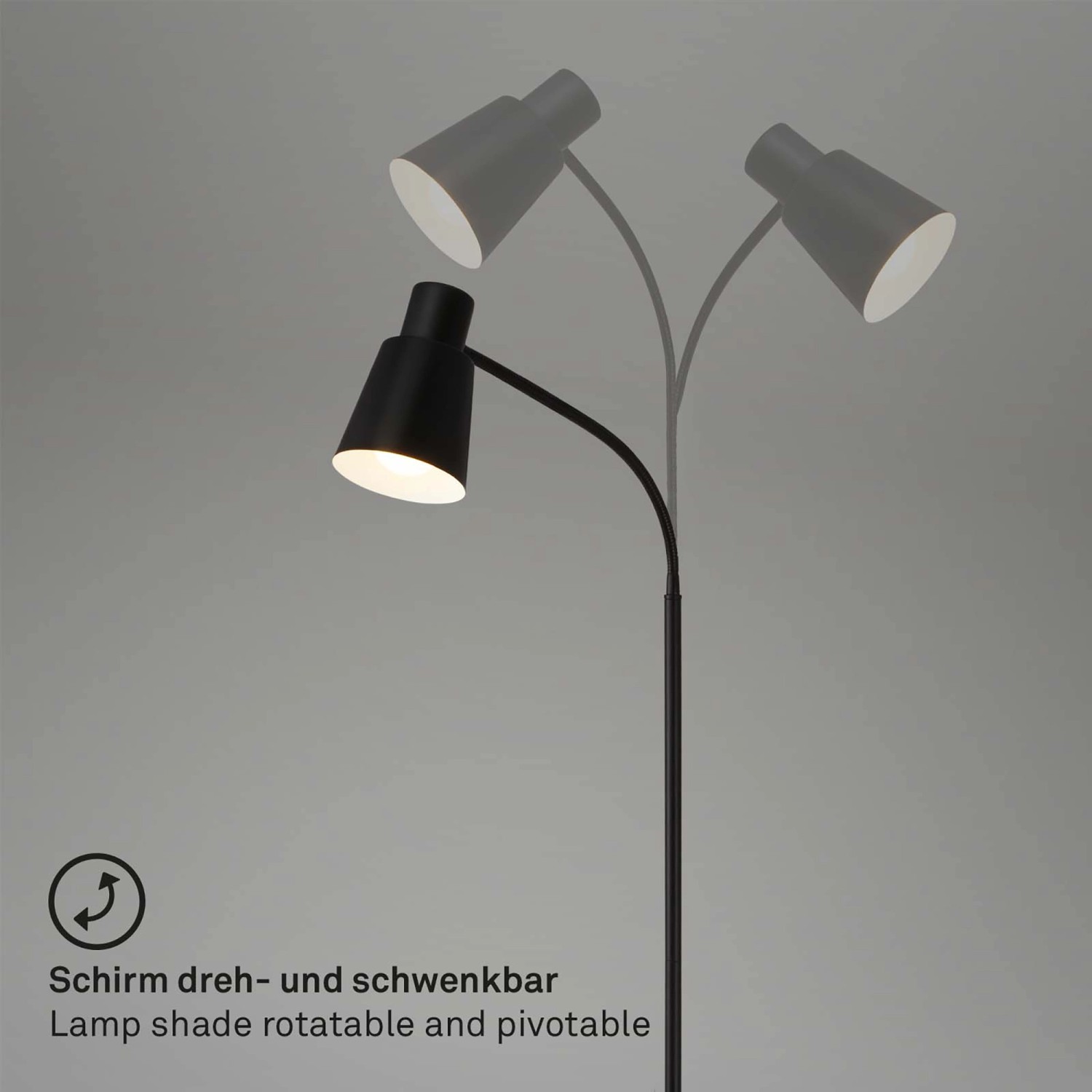 Schwarze Brilo Stehleuchte, 128 cm hoch, mit schwenkbarem Lampenschirm. Ideal als Design-Stehlampe.