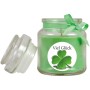 Grüne Duftkerze "Viel Glück" im Glas mit Kokosduft und Kleeblatt-Motiv.