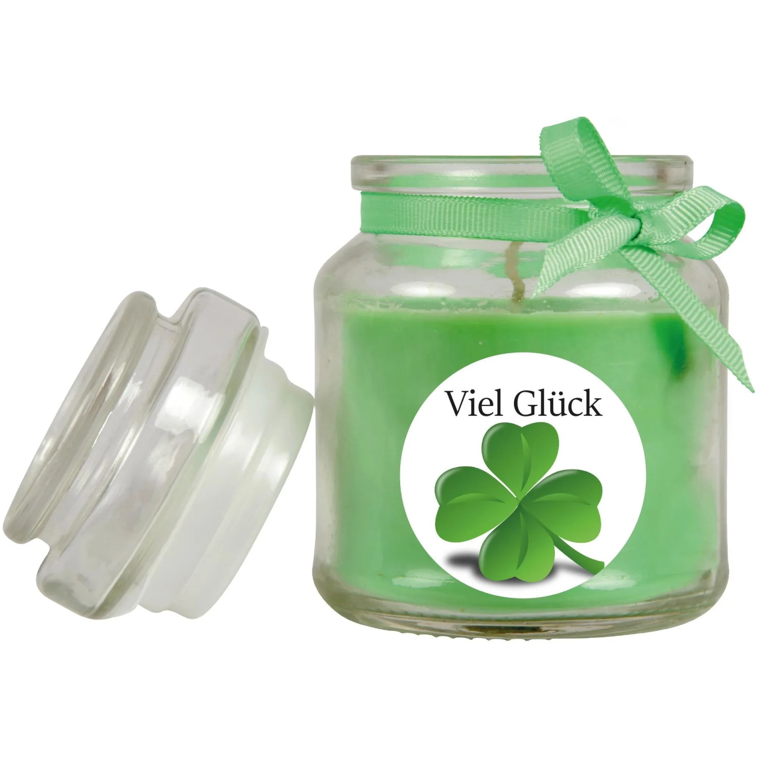 Grüne Duftkerze "Viel Glück" im Glas mit Kokosduft und Kleeblatt-Motiv.
