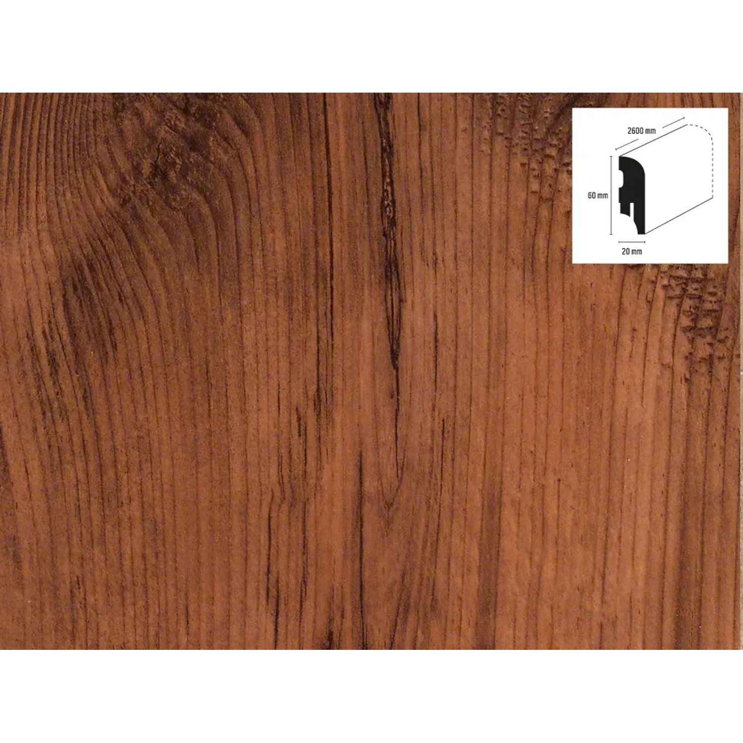 Sockelleiste Pinie Mokka, 60 mm hoch, mit Kabelkanal. Fußleiste in Holzoptik.