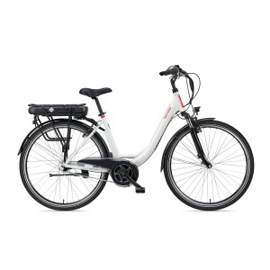 Weißes Telefunken City E-Bike 28 Zoll mit Mittelmotor und Gepäckträger.