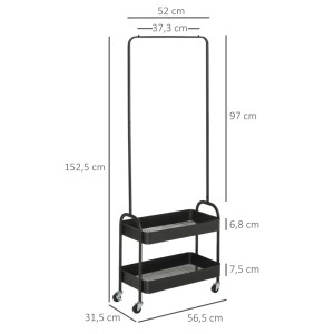 Schwarzer HOMCOM Kleiderständer aus Stahl mit 2 Ablagen und Rollen, 152,5 cm hoch.