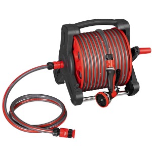 Juskys Schlauchtrommel mit 30m Schlauch und Multifunktionsbrause, rot/schwarz.