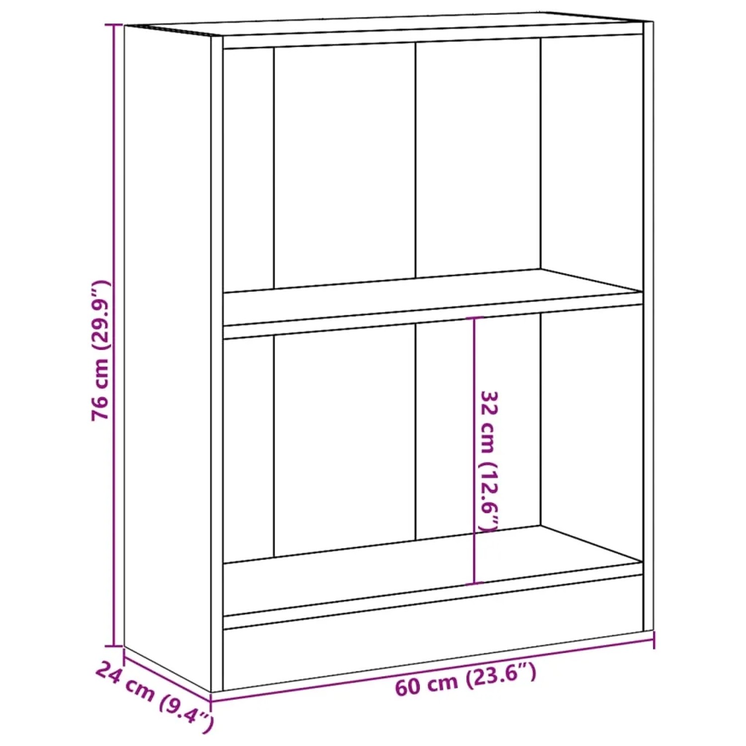 VidaXL Bücherregal in Braun Eichen-Optik, 60x24x74,5 cm, Holzwerkstoff. Wandregal mit 2 Fächern.