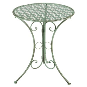 Runder Kobolo Gartentisch aus Metall, Antique Green, 60cm. Filigrane Tischplatte mit floralen Stanzungen.