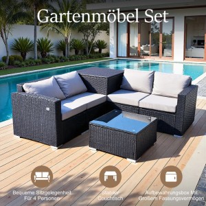 HOMAVO Gartenlounge Set für 4 Personen mit Aufbewahrungsbox, Abdeckung und Tisch.