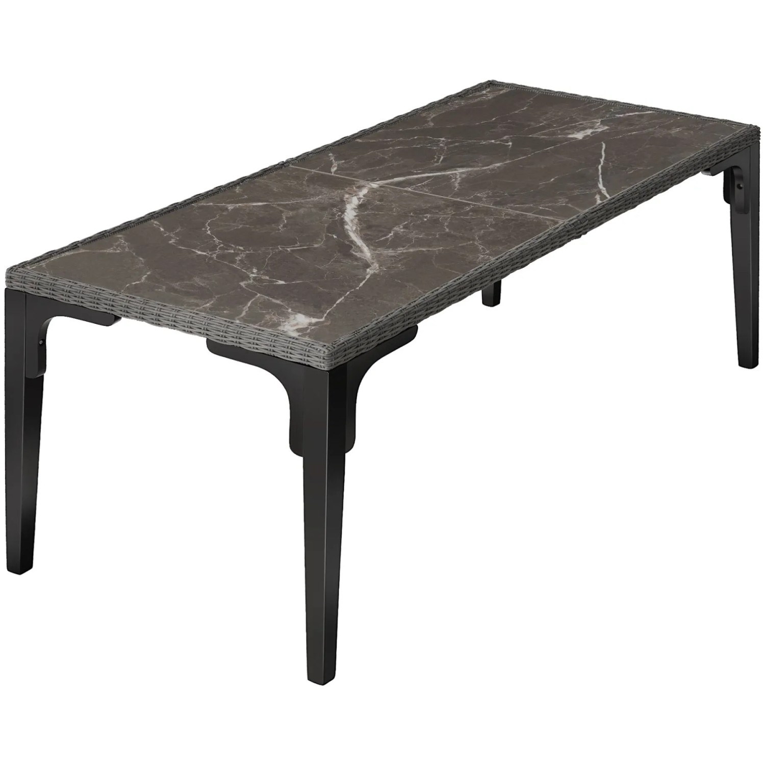 Tectake Rattan Tisch Foggia Mit Aluminium  und Holzgestell 2 Abnehmbare Feinsteinzeugplatten  196 x 87 x 76 cm Grau