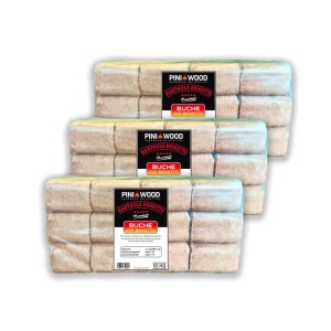 Drei 10 kg Packungen PINI RUF Buchenholz-Briketts für Kamin & Ofen. Hartholzbriketts, rechteckig, hellbraun.