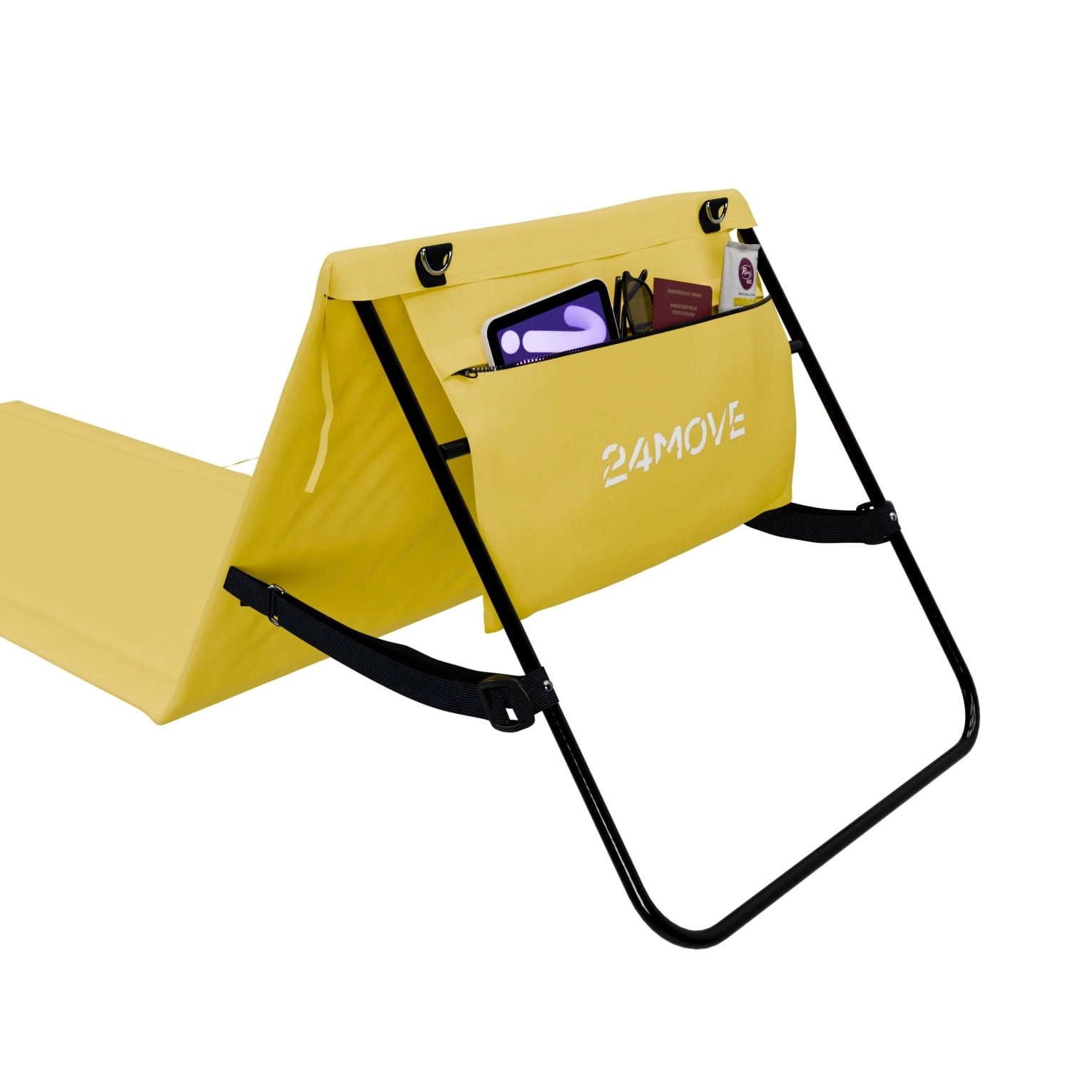 Gelbe 24MOVE Strandmatte im 2er Set mit Rückenlehne, Tasche und Tragegurt.
