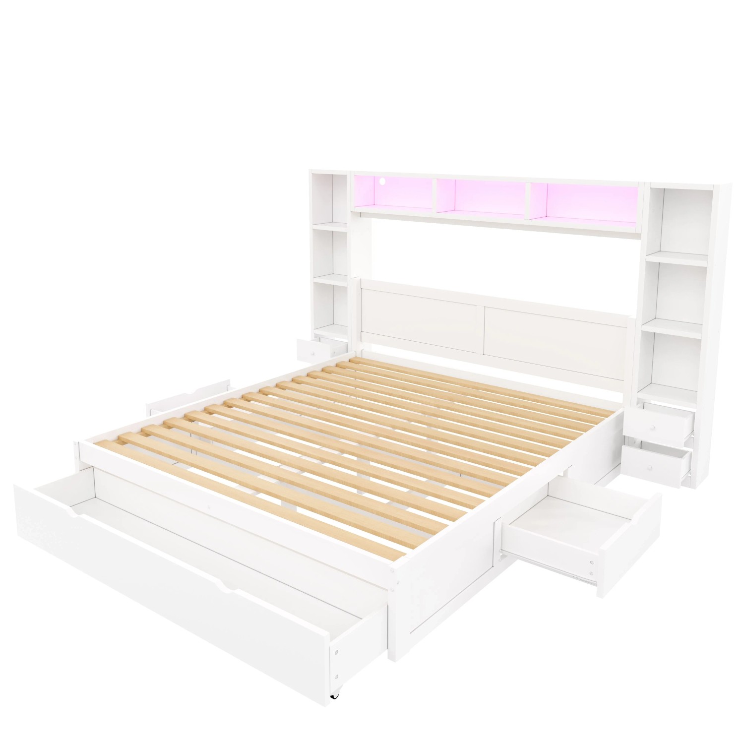 Merax Plattformbett 140x200 cm mit 7 Schubladen Stauraum LED Weiß