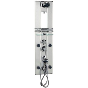 Sanotechnik Duschpaneel Palma aus Alu mit Kopf-, Handbrause, Massagedüsen, Glasablage und Spiegel.