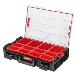 PROREGAL QBRICK Werkzeugkoffer mit 12 Fächern, transparentem Deckel und Tragegriff.