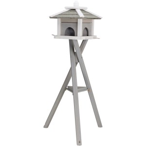 Trixie Vogelfutterhaus Natura mit Ständer, aus Holz, grau und weiß, mit Dach und Futterkammern.