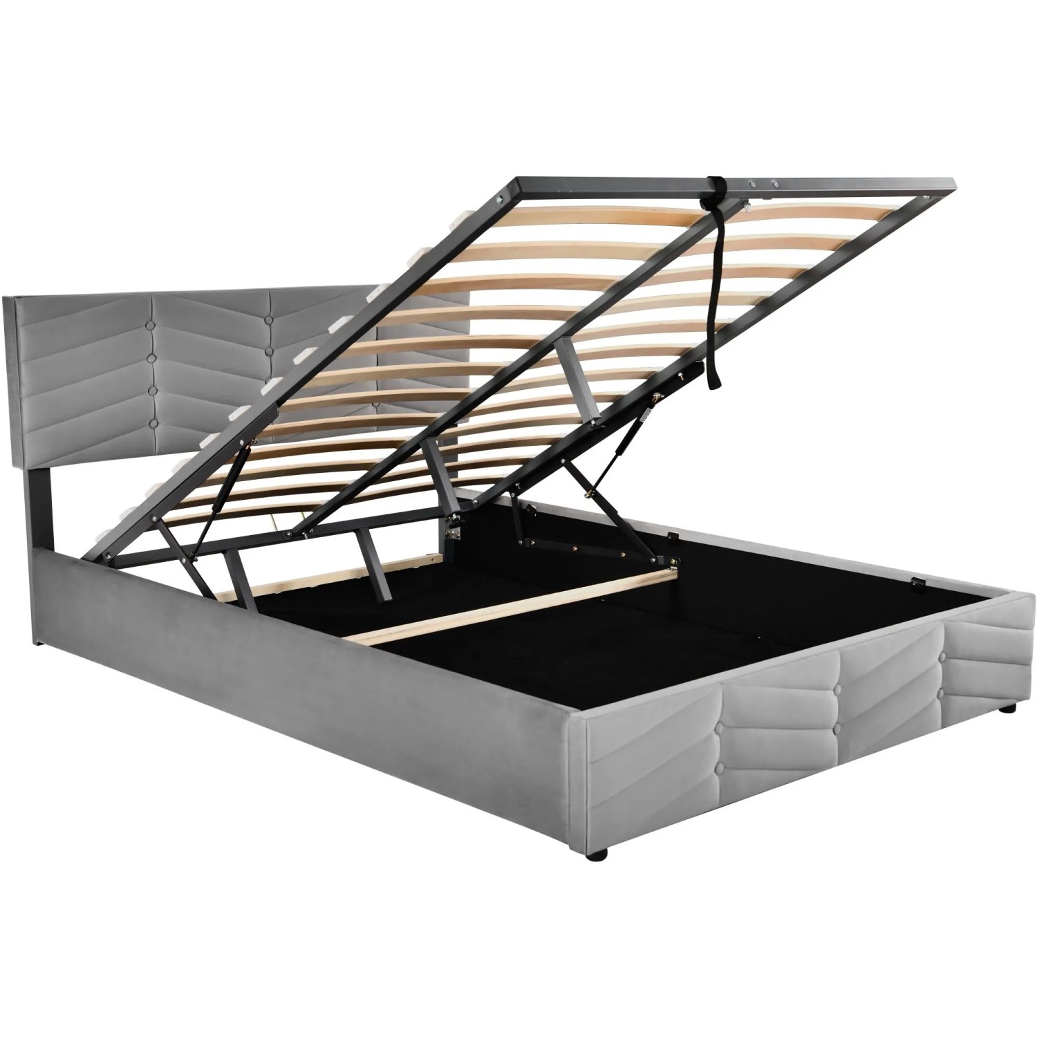 KOMHTOM Polsterbett Hydraulische 140x190Cm Doppelbett Funktionsbett Streifen-Stil Continentalbett Höhenverstellbares Kopfteil Samt Grau