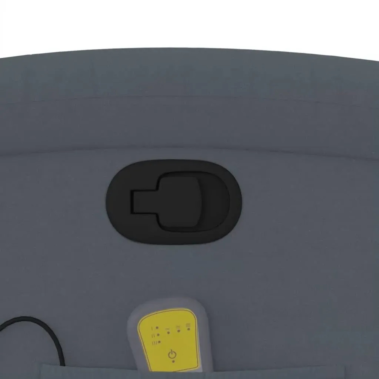 Detailansicht Massagesessel dunkelgrau: Verstellhebel und Fernbedienung in Seitentasche.