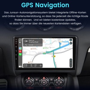 Junsun 9 Zoll Autoradio für Audi TT mit GPS Navigation. Zeigt Echtzeitkarte und Routenführung im Armaturenbrett.