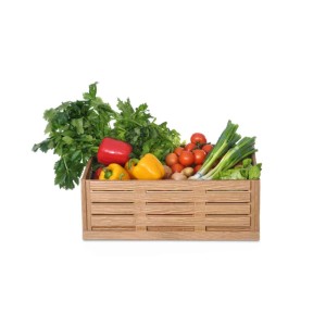 Braune PROREGAL Klappbox Active Lock Holzdekor mit Gemüse und Obst. Faltbox, Transportkiste, Gemüsekiste.