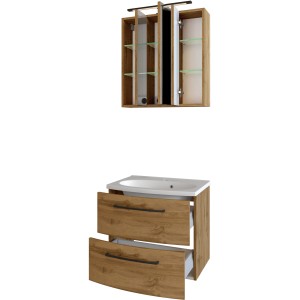 2-tlg. Badmöbel-Set Florenz in Wotaneiche mit Waschtischunterschrank und Spiegelschrank.
