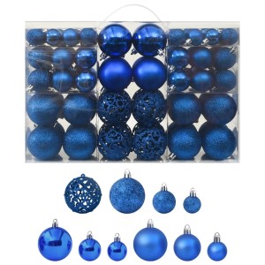 100-tlg. blaues Weihnachtskugel-Set aus Kunststoff in verschiedenen Größen und Designs.