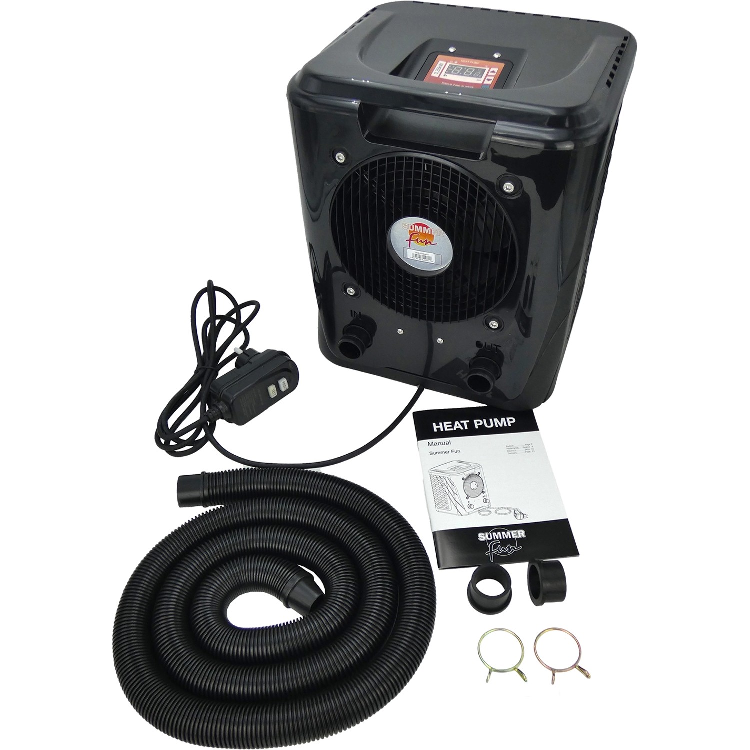 Summer Fun Wärmepumpe Smart 3,35 kW für Pools bis 15m³ mit Zubehör wie Schlauch und Adapter.