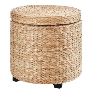 HOMCOM Sitzhocker aus Stroh-Rattan, Khaki, mit Stauraum und abnehmbarem Deckel.