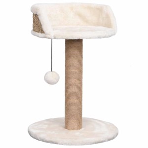Beiger Katzenbaum mit Kratzsäule aus Seegras, Sitzplatz und Spielzeugball.