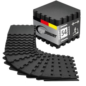 Schwarze eyepower Bodenschutzmatten, 54er Set, 30x30 cm, mit Puzzle-Verzahnung für Fitness & Home Gym.