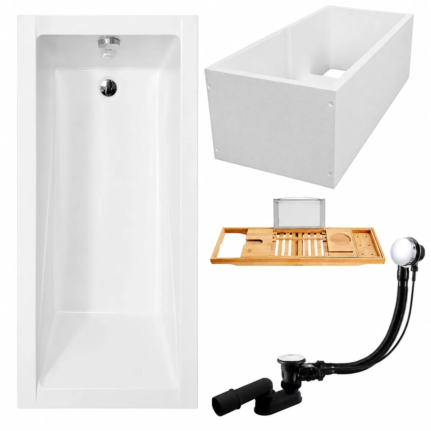 KOLMAN Badewanne Rechteck 150 x 70 Cm Mit Wannenträger Mit Bambus Badewannenablage Inkl. Ablauf Und Füße