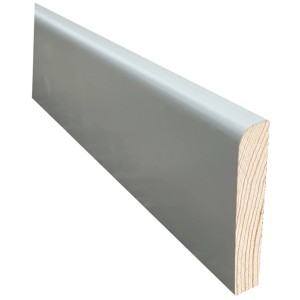 Graue Sockelleiste aus Kiefernholz, 60 mm hoch, 2400 mm lang. Ideal für einen harmonischen Bodenabschluss.