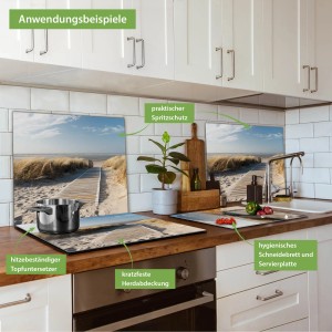 Banjado Herdabdeckplatte Glas mit Dünen Motiv als Schneidebrett und Spritzschutz in Küche.