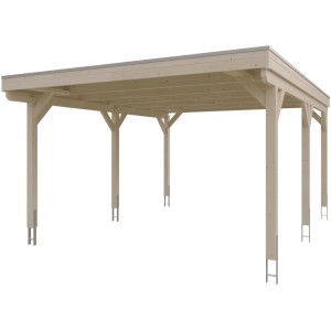 Skan Holz Carport Grunewald mit Aluminiumdach, naturbelassenes Holz und sechs Stützpfosten.