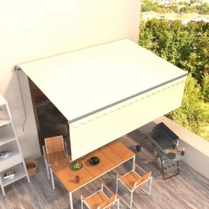 Cremefarbene vidaXL Markise (4x3 m) mit Rollo und anthrazitfarbenem Rahmen über Sitzgruppe und Grill.