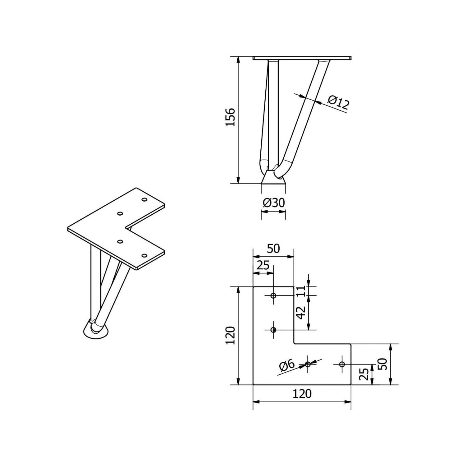 Techn. Zeichnung SOTECH Haarnadelbein, 150 mm hoch, aus schwarzem Rundstahl mit L-Montageplatte und Bodenschutz.