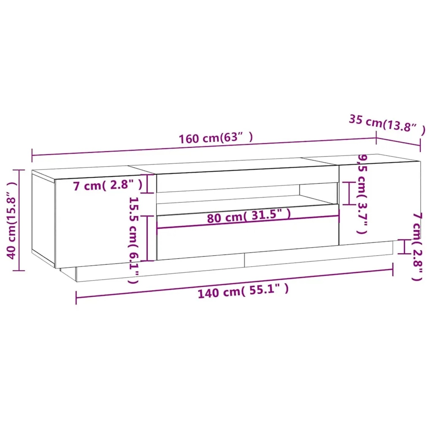 Weißer vidaXL TV-Schrank 160x35x40 cm. Detaillierte Maße des TV-Möbels mit Fächern.