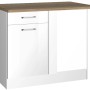 Küchen-Eckschrank Mailand, 110 cm, Hochglanz Weiß mit Schublade und Eiche Arbeitsplatte.