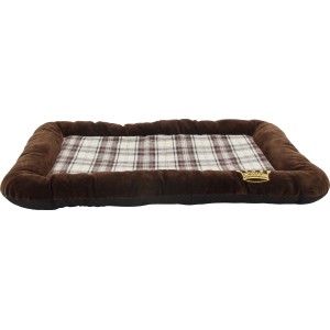 Braune Hunde- und Katzenmatratze Krone (70x47x6cm) mit kariertem Stoff und Samt-Rand.