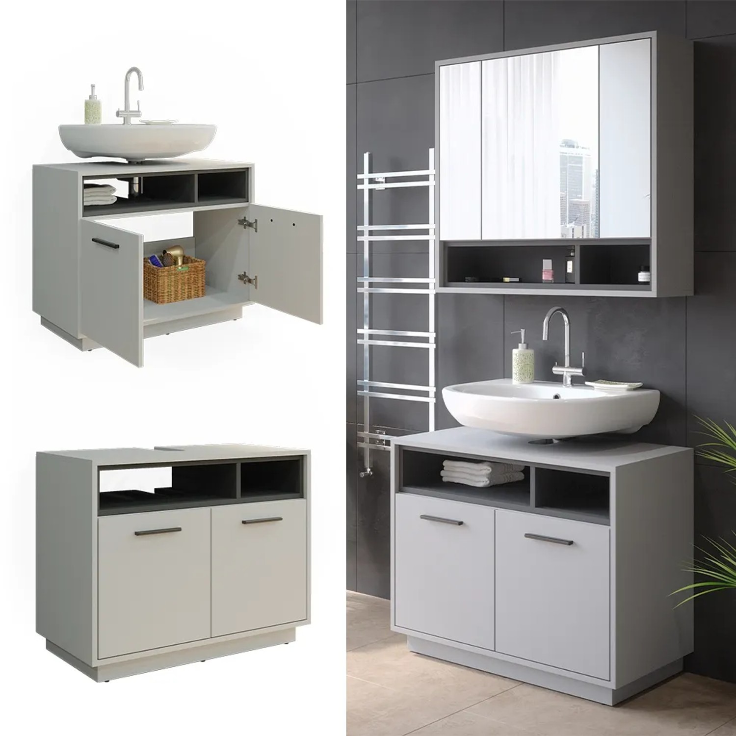 Vicco Waschbeckenunterschrank Beatrice, grau/anthrazit, 80 cm breit. Badmöbel für mehr Stauraum im Bad.