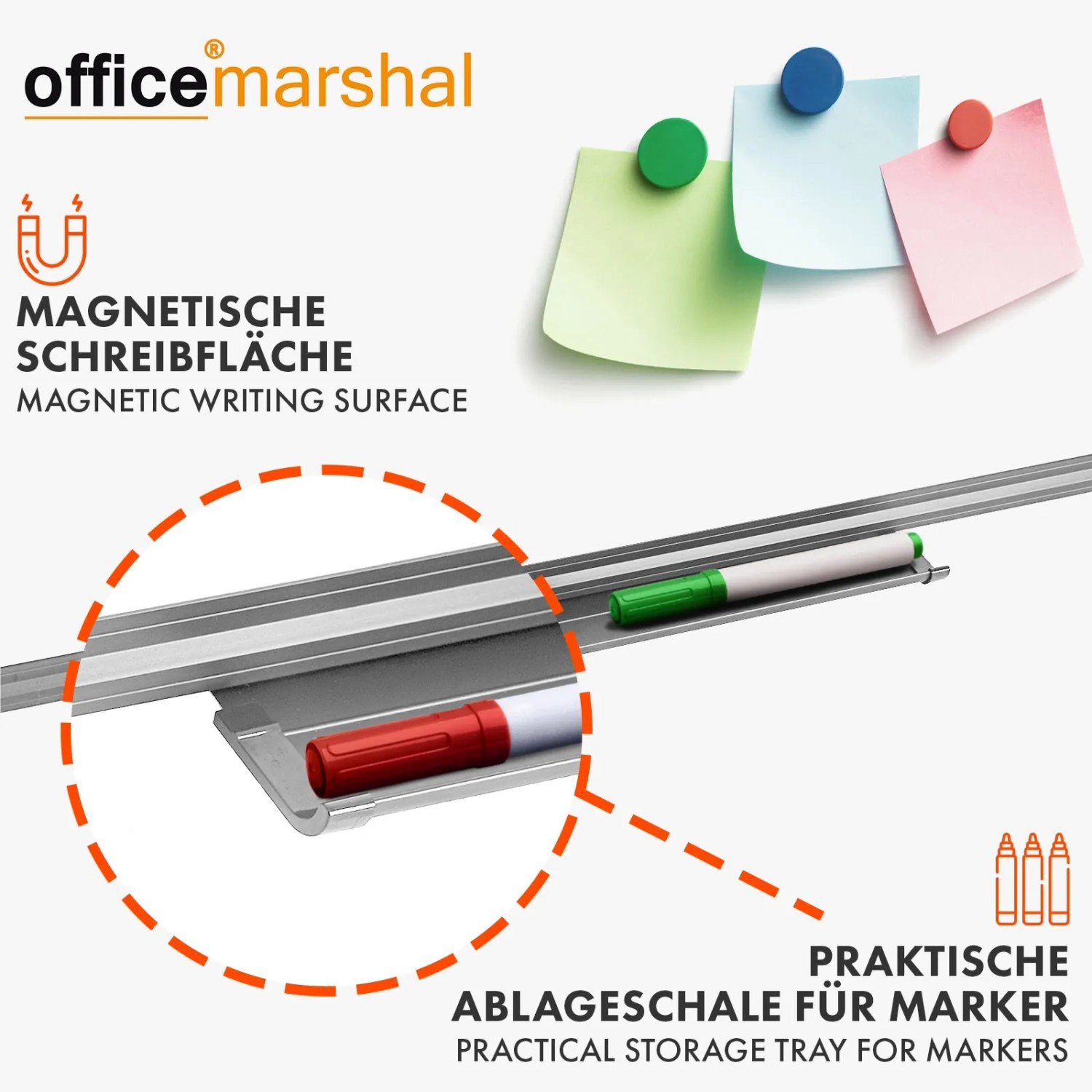 Detailaufnahme: KARAT Whiteboard Office Marshal mit Stiftablage und Magneten.