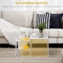 Weißes HOMCOM Couchtisch-Set aus Stahl, ein Tisch unter den anderen geschoben neben Sofa. Quadratische Beistelltische, platzsparend.